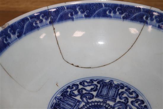 A Chinese Kraak blue and white dish, an Iznik style jar and a Chinese blue and white bowl, bearing a Qianlong mark diameter 36cm